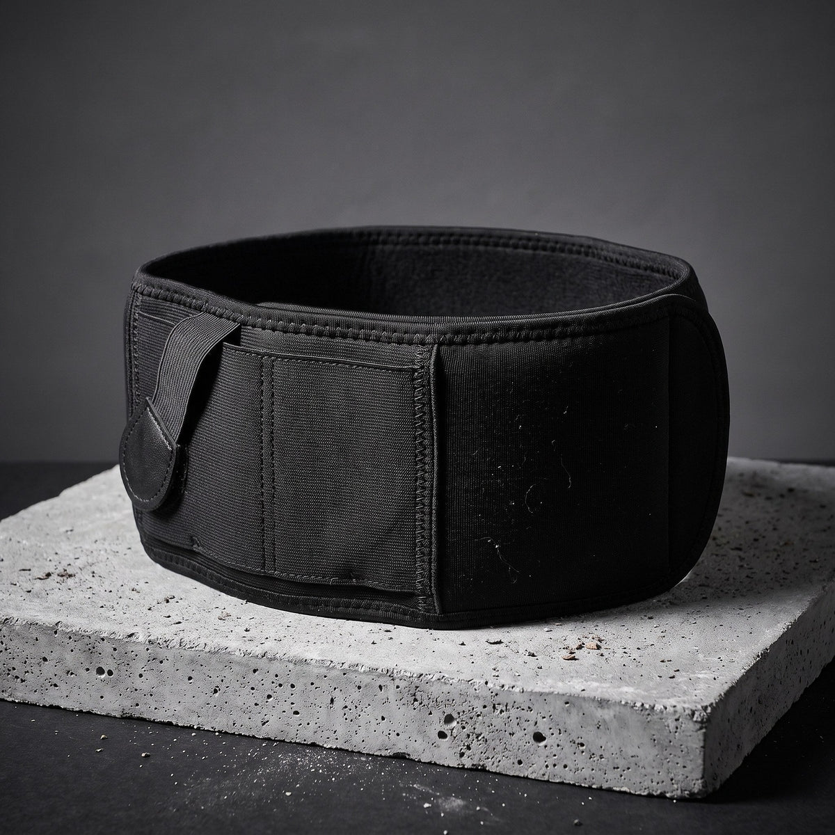 Black Phantom belly band closed into a ring on a concrete block, front holster pocket and closing strap