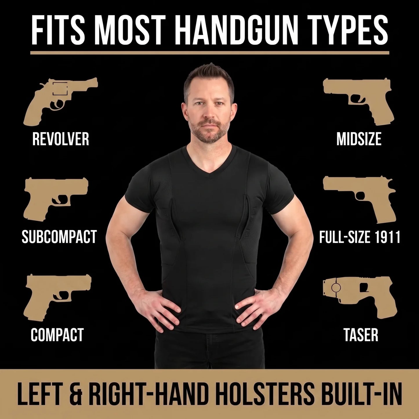Fits most handgun types - left and right hand holsters built-in