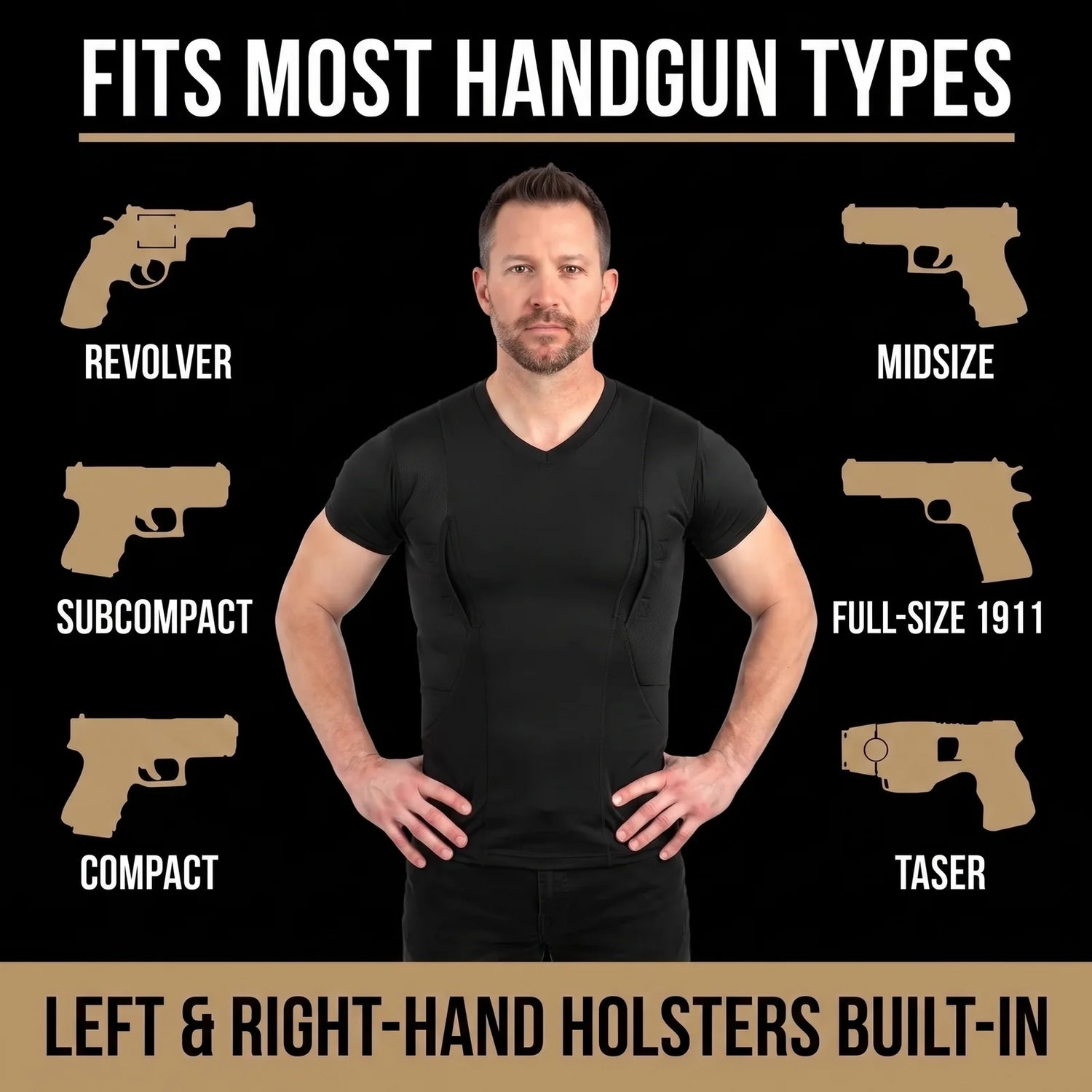 Fits most handgun types - left and right hand holsters built-in