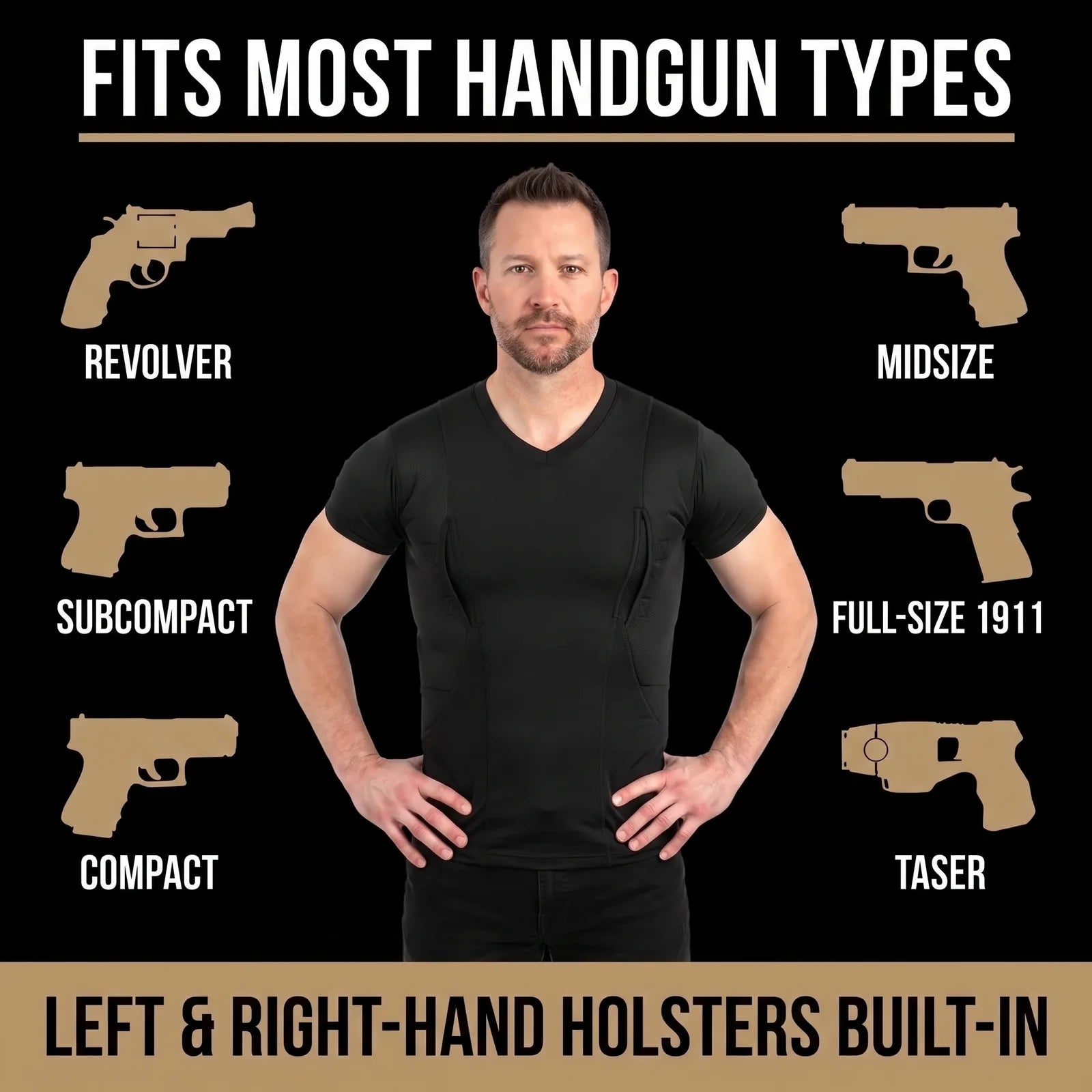 Fits most handgun types - left and right hand holsters built-in