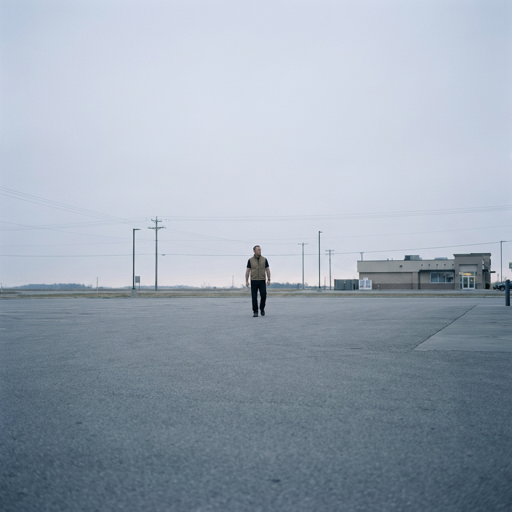 Phantom vest anti-tactical — lone man walking across gas station lot at first light