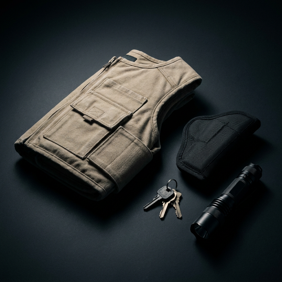 Phantom vest end-cap composition — folded vest with holster and EDC tools