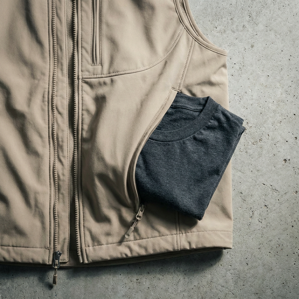 Phantom vest pocket-size fit — folded t-shirt as scale reference in interior pocket