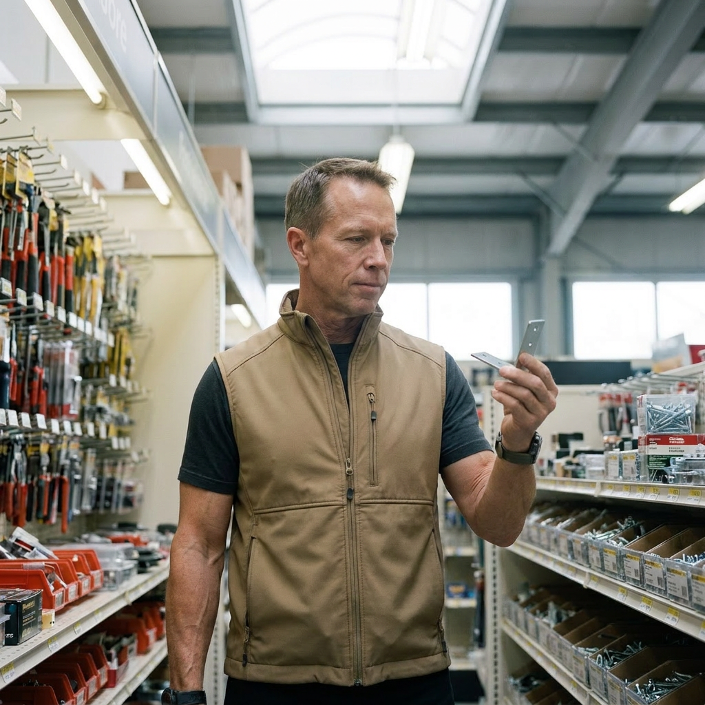 Phantom vest hero — man in hardware store aisle wearing beige concealed carry vest, morning light