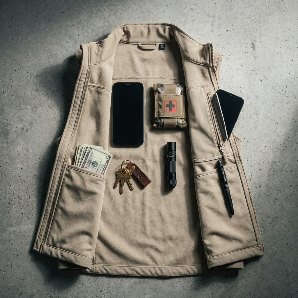Phantom vest EDC pockets flatlay — phone, keys, flashlight, pen, first-aid pouch