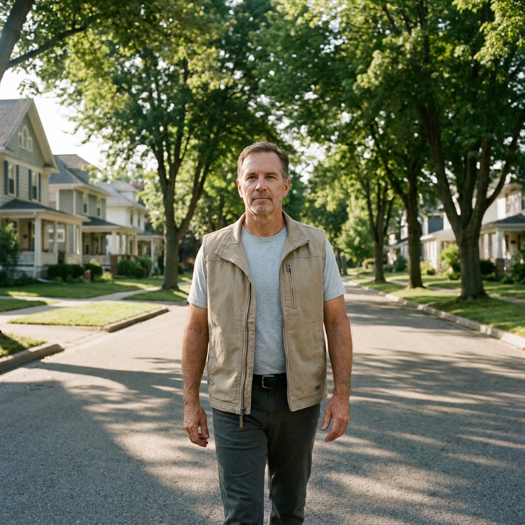 Phantom vest summer wear — man walking down residential summer street
