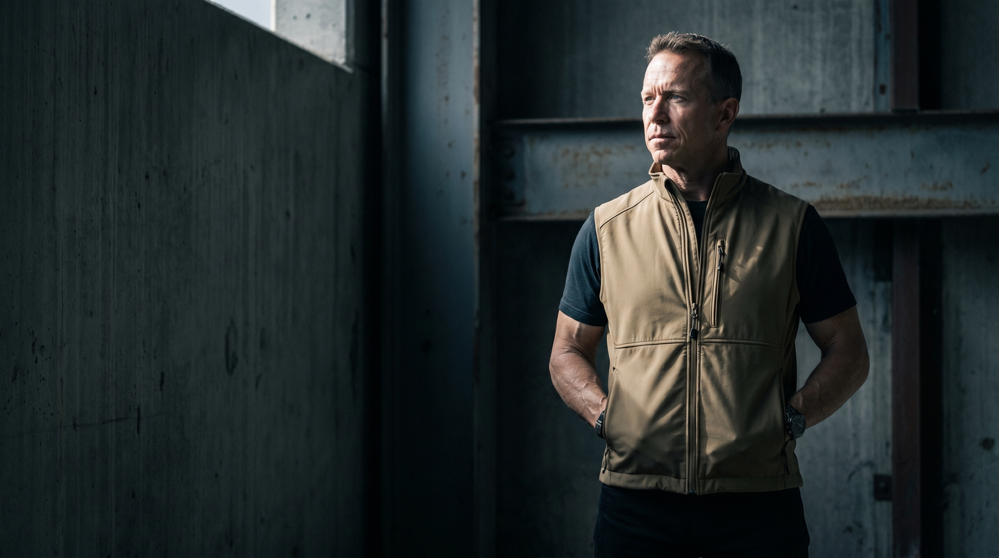 The Phantom concealed carry vest in Coyote, shot in moody editorial light