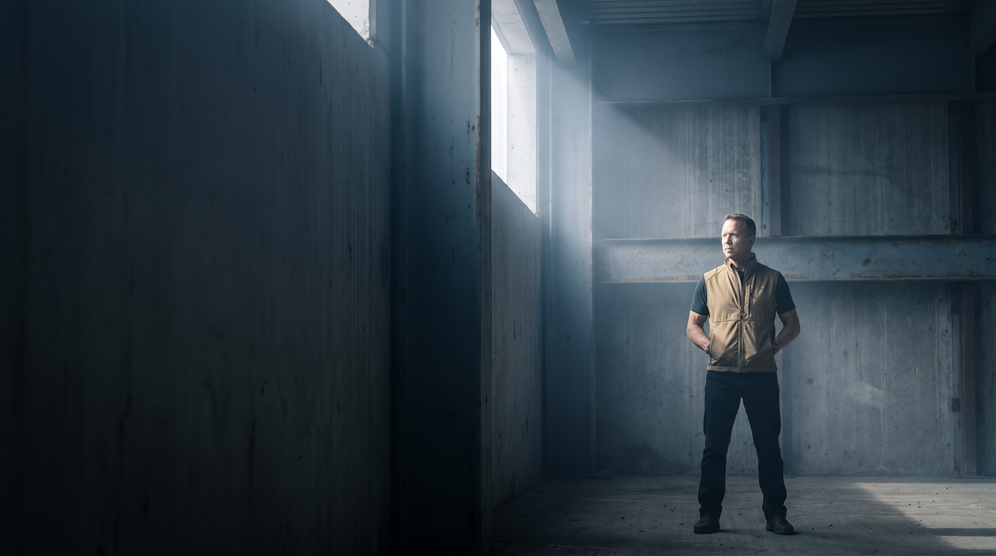 A lone figure in a vest standing in vast open space