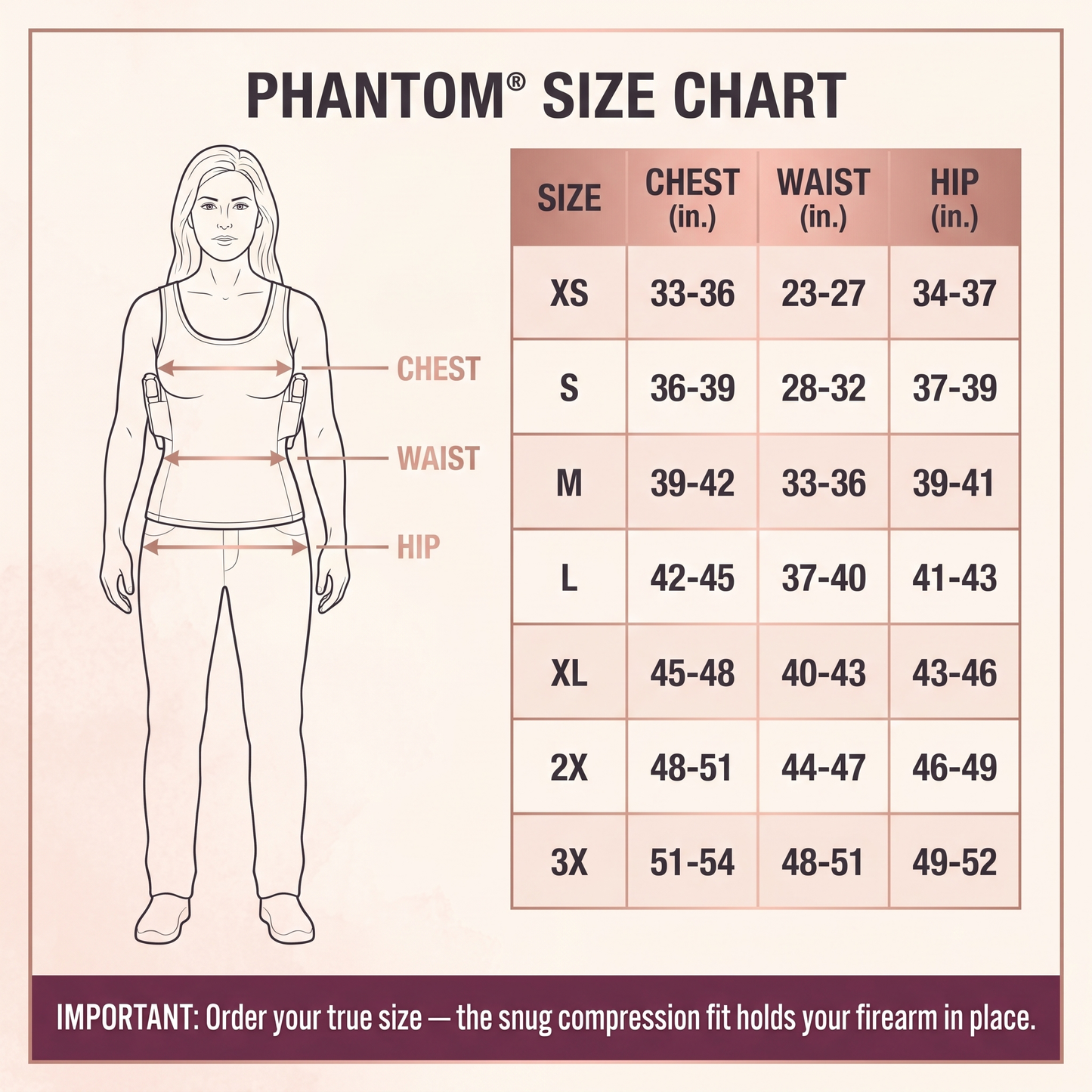 Phantom women's size chart — XS to 3X