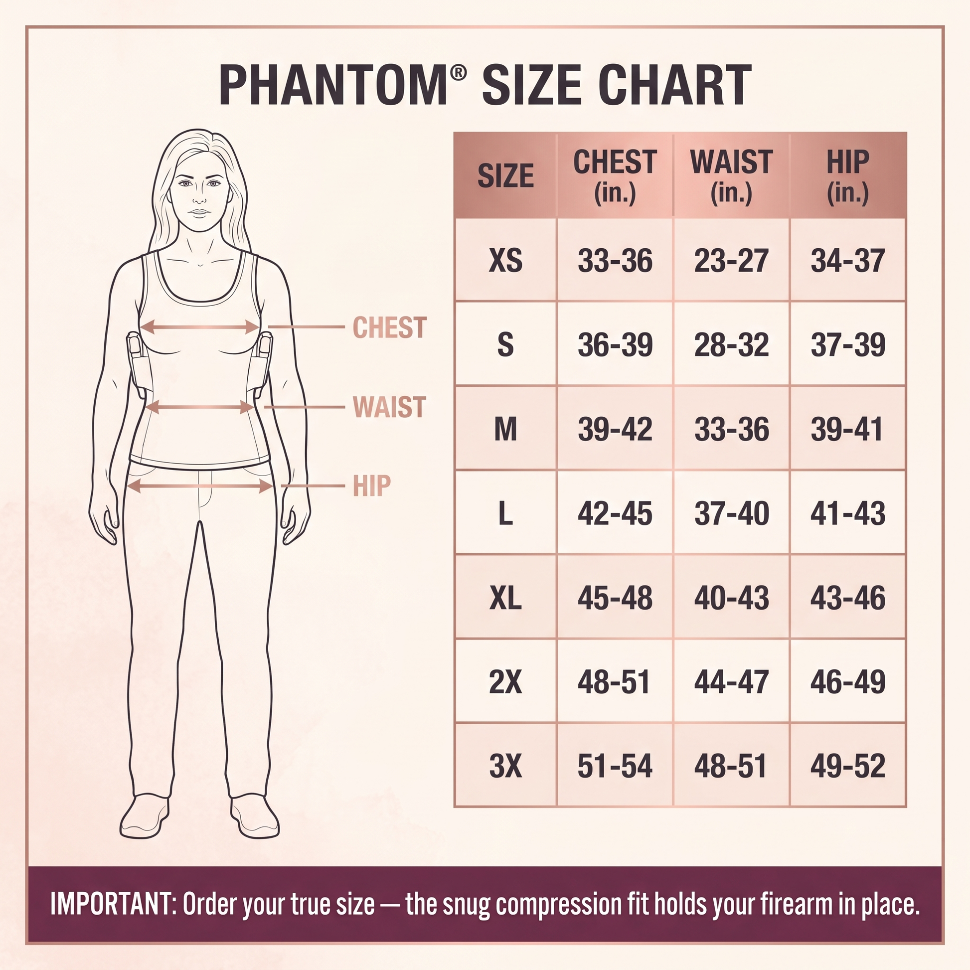 Phantom women's size chart — XS to 3X