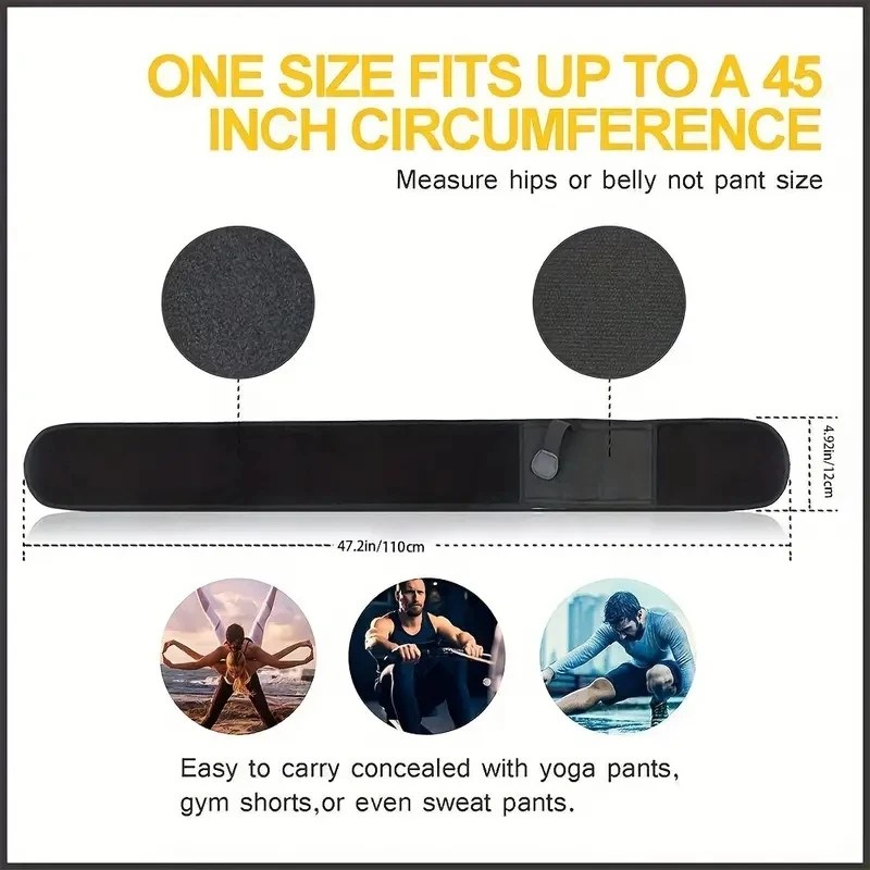 Sizing guide: one size fits up to a 45 inch circumference, measure hips or belly