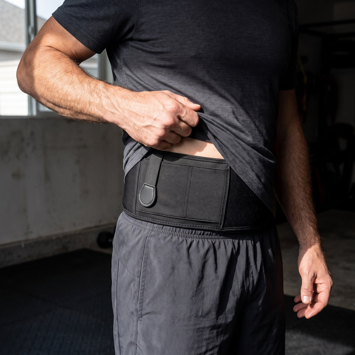Belly band worn under a charcoal t-shirt above gym shorts, top edge showing at the lifted hem