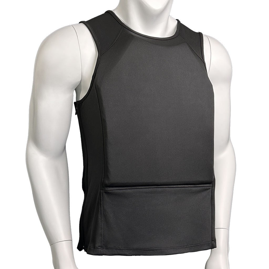 Phantom Body Armor Vest in black on a mannequin, sleeveless undershirt cut