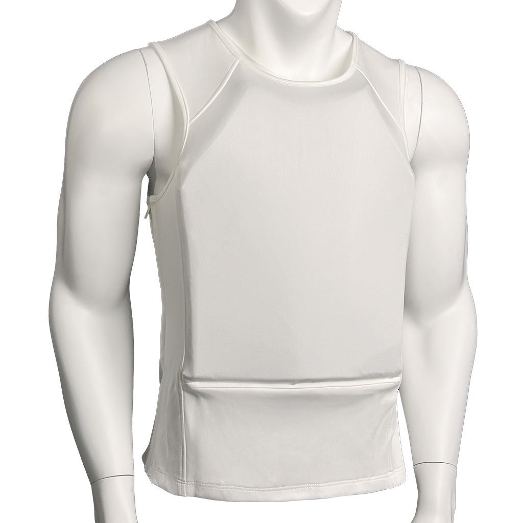 Phantom Body Armor Vest in white on a mannequin with the front panel pocket visible