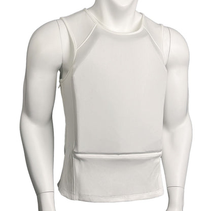 Phantom Body Armor Vest in white on a mannequin with the front panel pocket visible