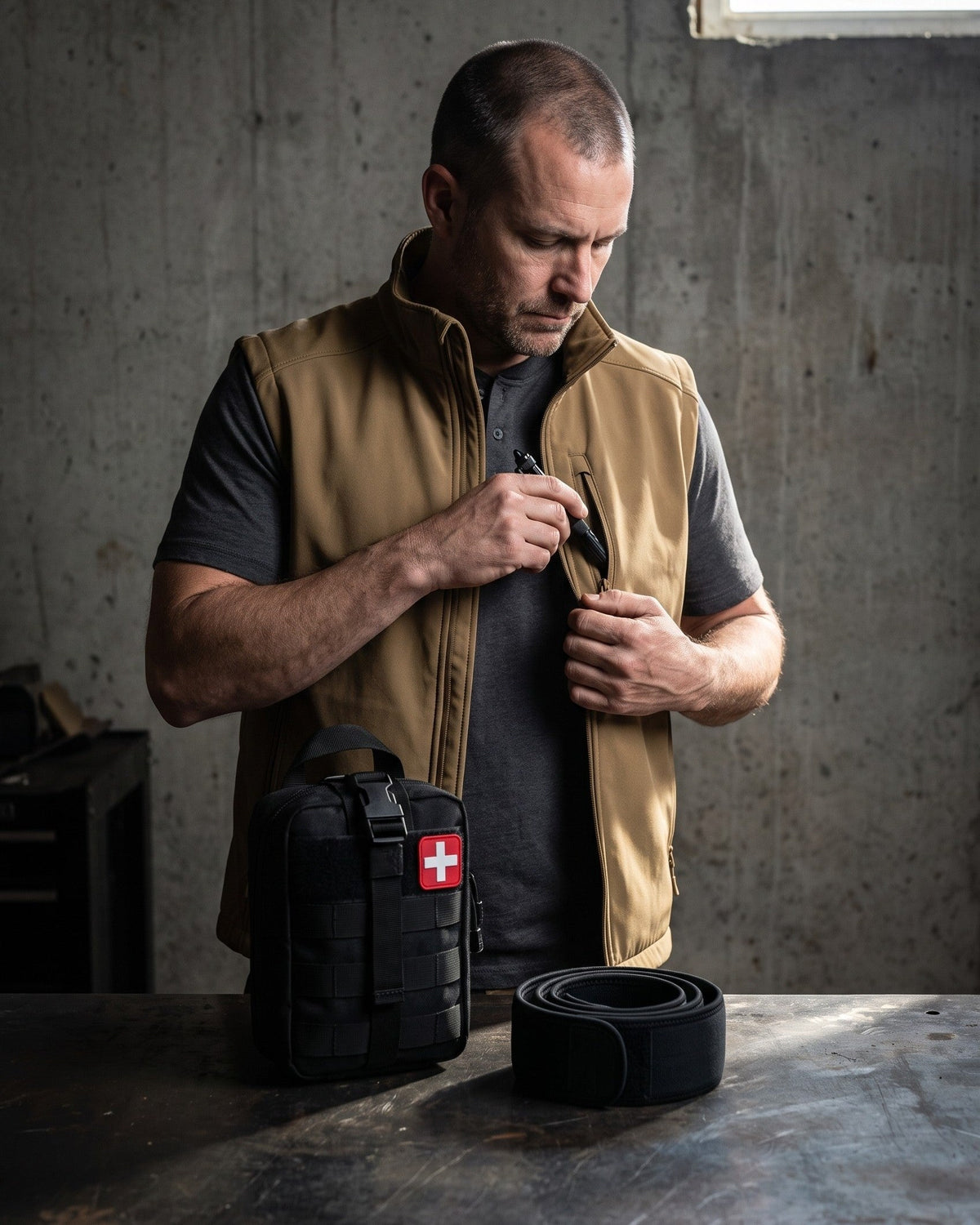Man in the Phantom vest in coyote sliding a metal pen into the chest pocket, an IFAK kit on the workbench