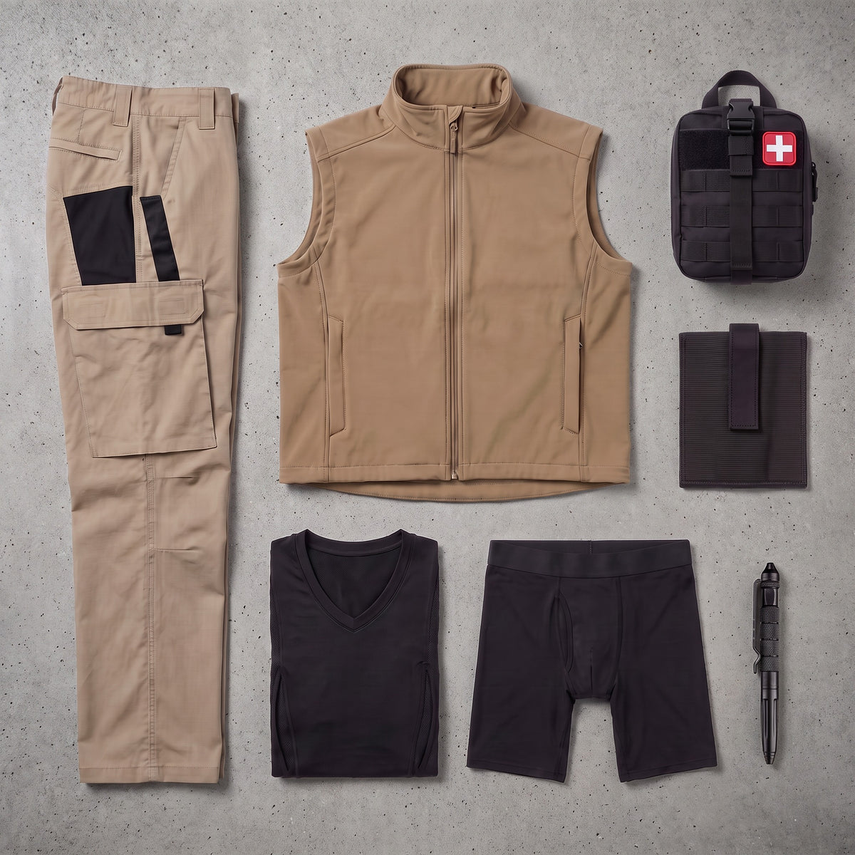 Everything in The Entire Carry kit laid out on concrete: coyote Phantom Vest, khaki Tactical Pant, black Carry Tee, Carry Boxer-Briefs, IFAK, Tactical Pen and the Extra Velcro Holster