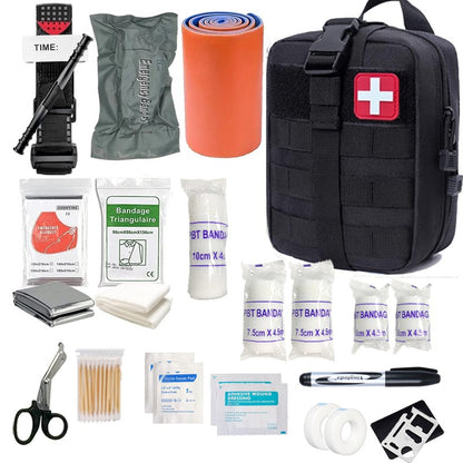 Phantom IFAK Kit in black with its 70 pieces laid out: tourniquet, bandages, splint, shears and more