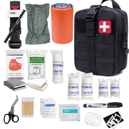 Phantom IFAK Kit in black with its 70 pieces laid out: tourniquet, bandages, splint, shears and more