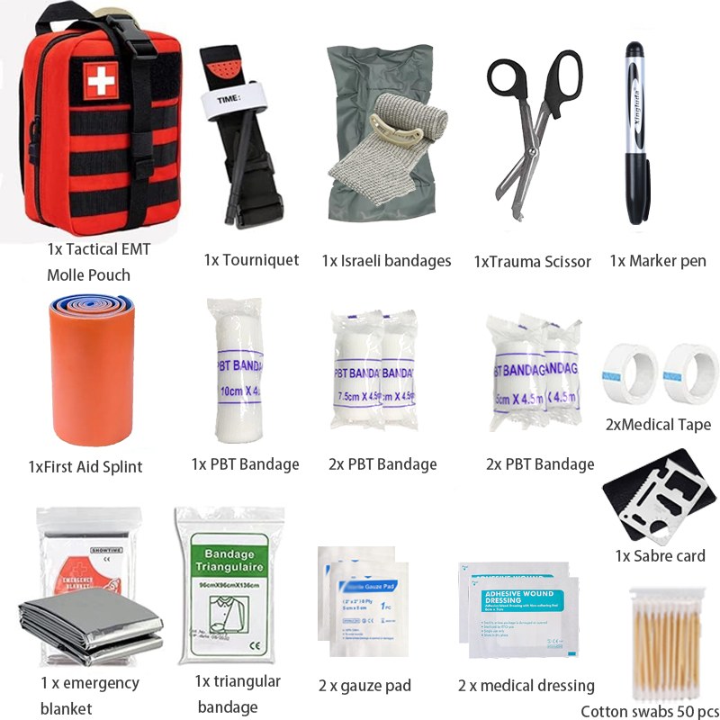 Labeled contents of the IFAK kit: tourniquet, Israeli bandage, trauma shears, splint, PBT bandages, blanket and more