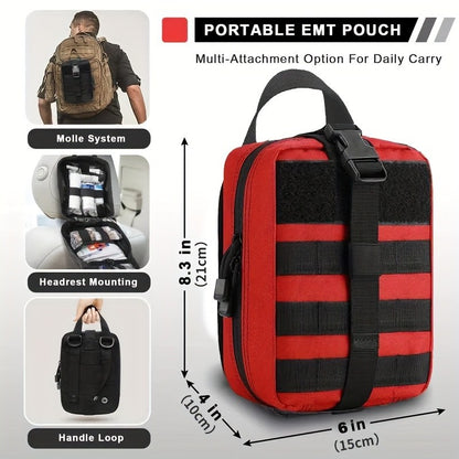 IFAK pouch measuring 8.3 by 6 by 4 inches with MOLLE, headrest mount and carry handle