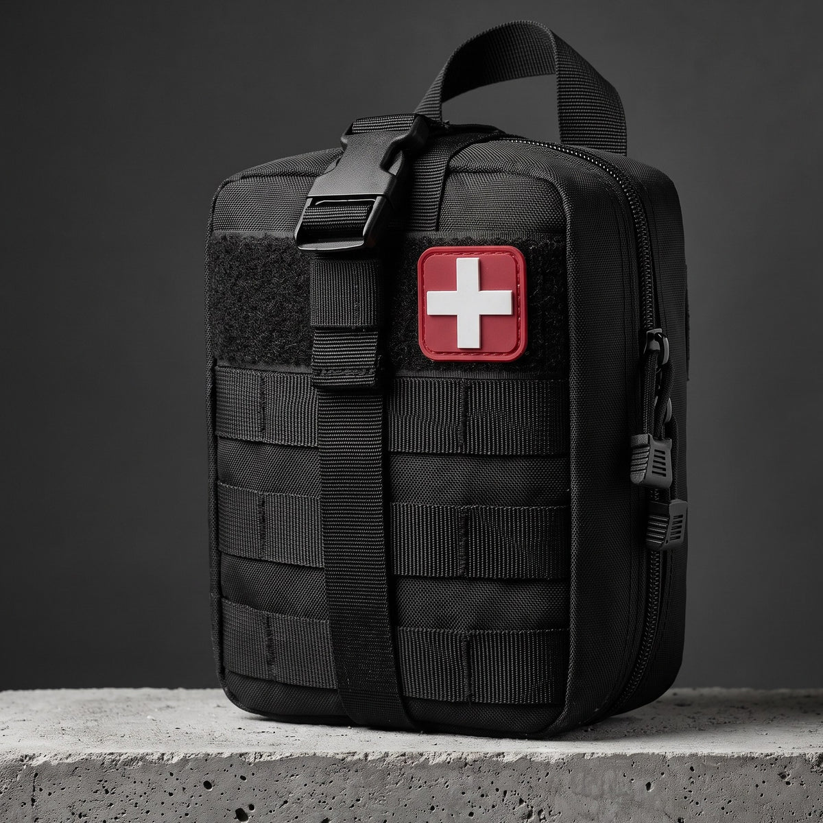 Phantom IFAK Kit in black: MOLLE pouch with a red cross patch on a concrete block