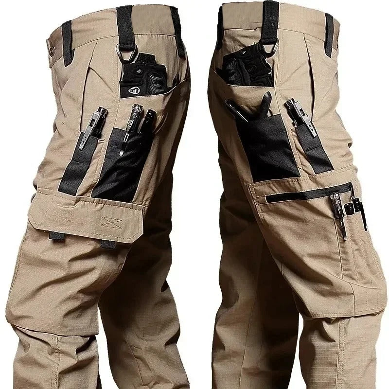 Khaki Phantom Tactical Pant with black contrast panels, pen and tool slots on the thigh and a zippered thigh pocket