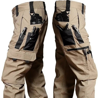 Khaki Phantom Tactical Pant with black contrast panels, pen and tool slots on the thigh and a zippered thigh pocket