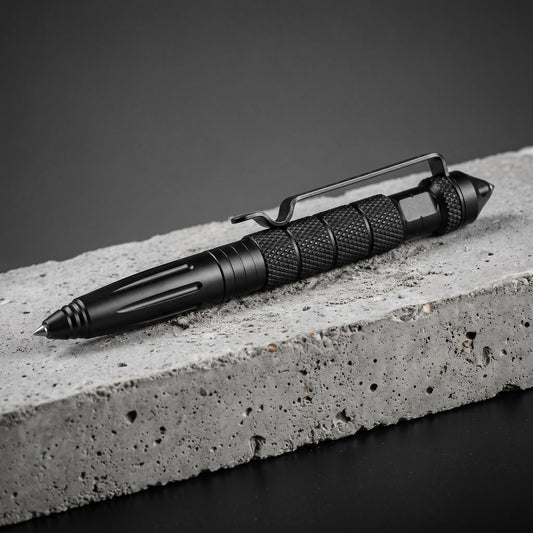Phantom Tactical Pen: knurled metal body, pocket clip and glass-breaker tip on a concrete block