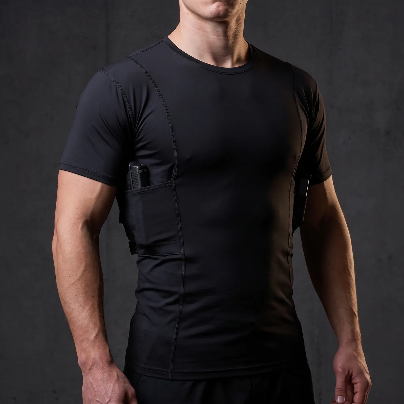 Phantom concealed carry Tee in black, dual holster pockets