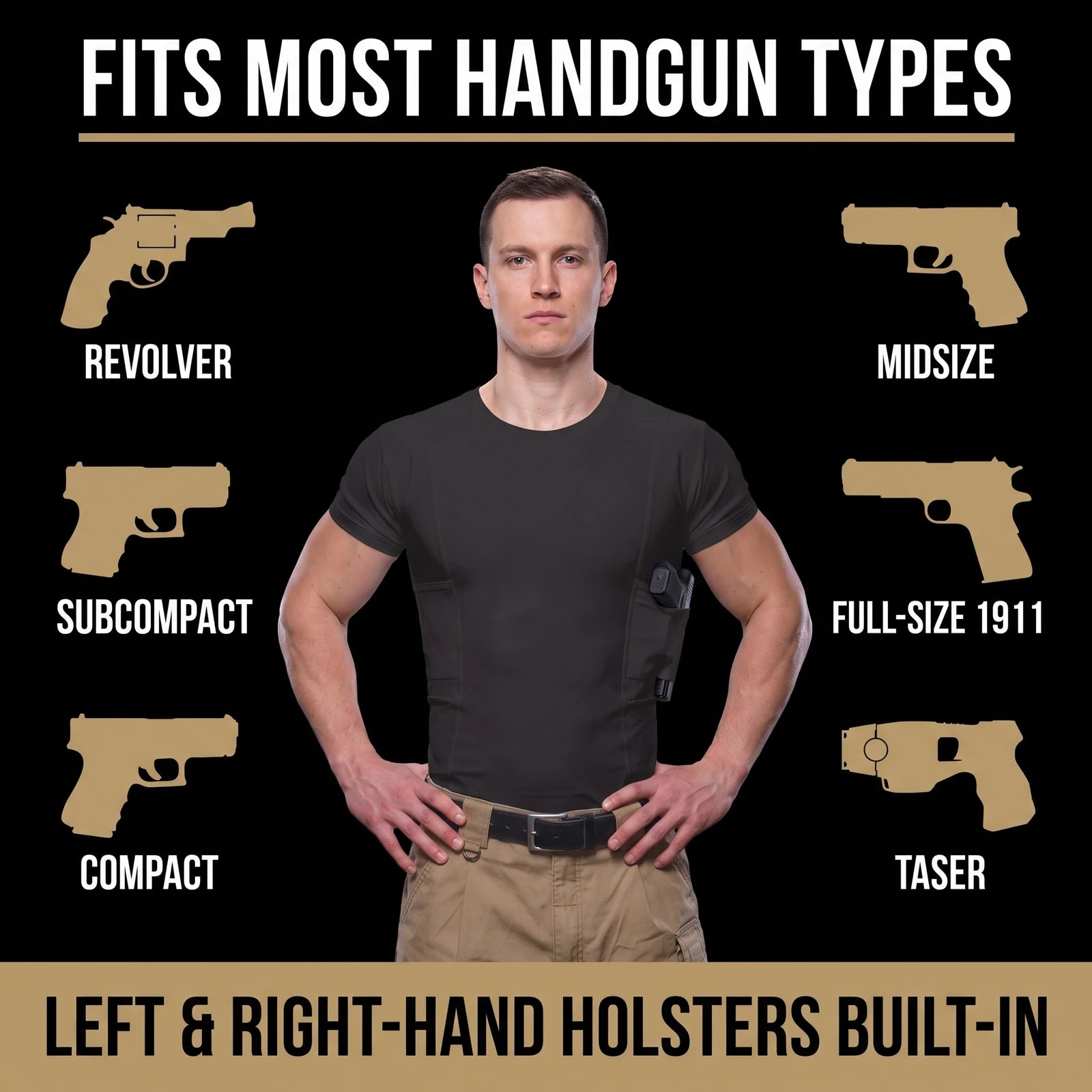 Fits most handgun types - man wearing the Tee, revolver to full-size 1911, left and right hand holsters built in