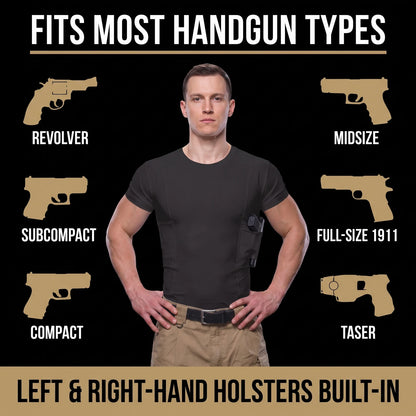 Fits most handgun types - man wearing the Tee, revolver to full-size 1911, left and right hand holsters built in