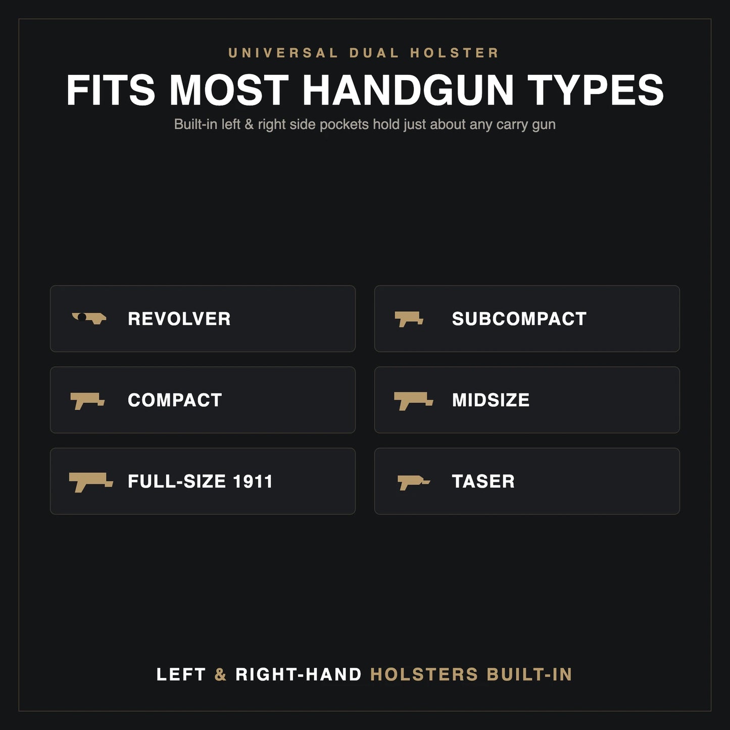 Fits most handgun types, left and right hand holsters built in