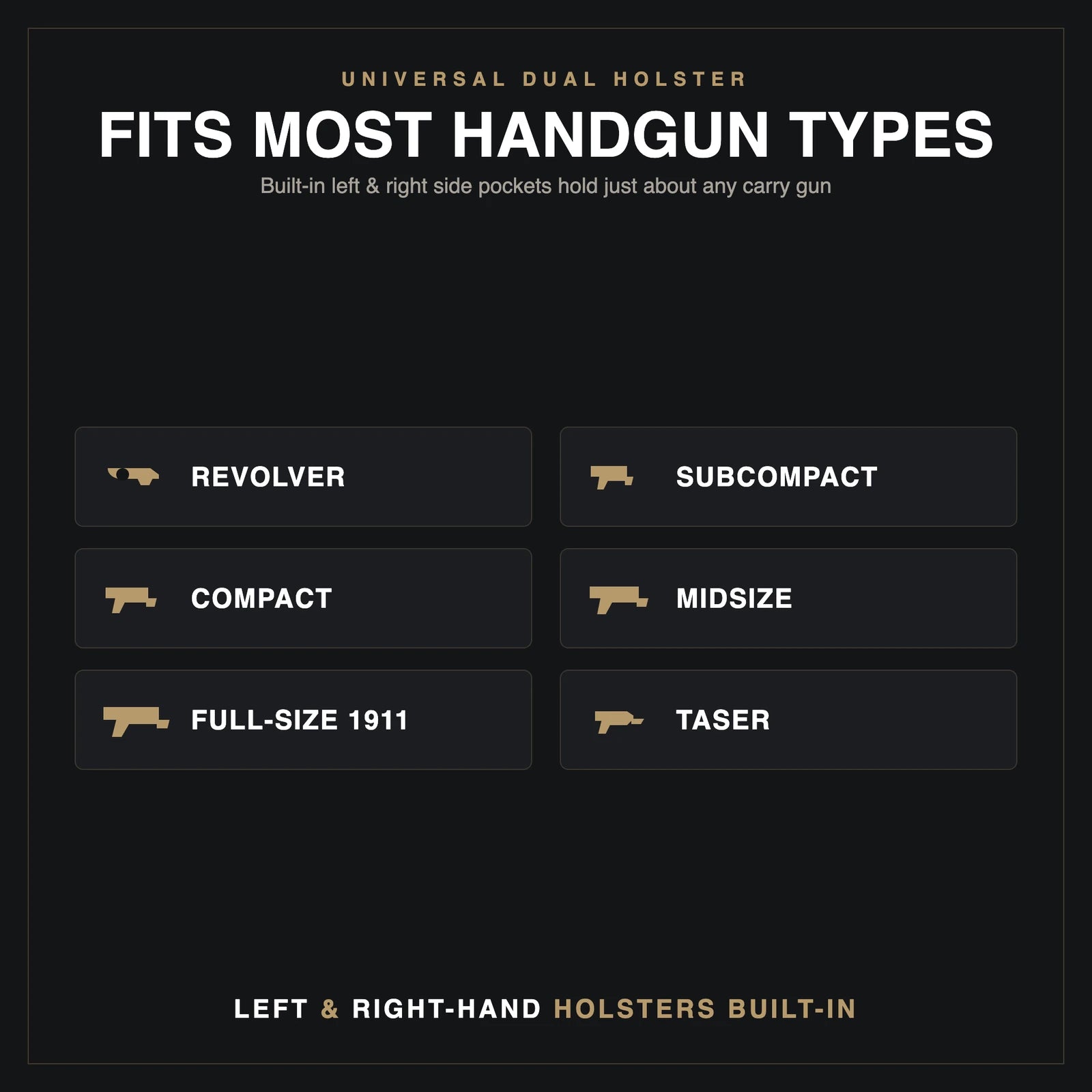 Fits most handgun types, left and right hand holsters built in