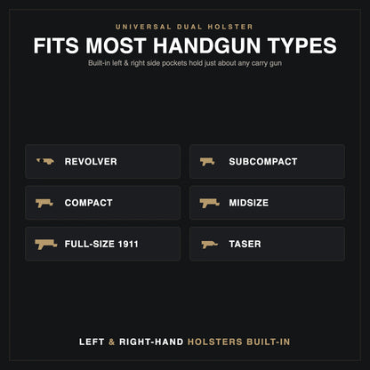 Fits most handgun types, left and right hand holsters built in