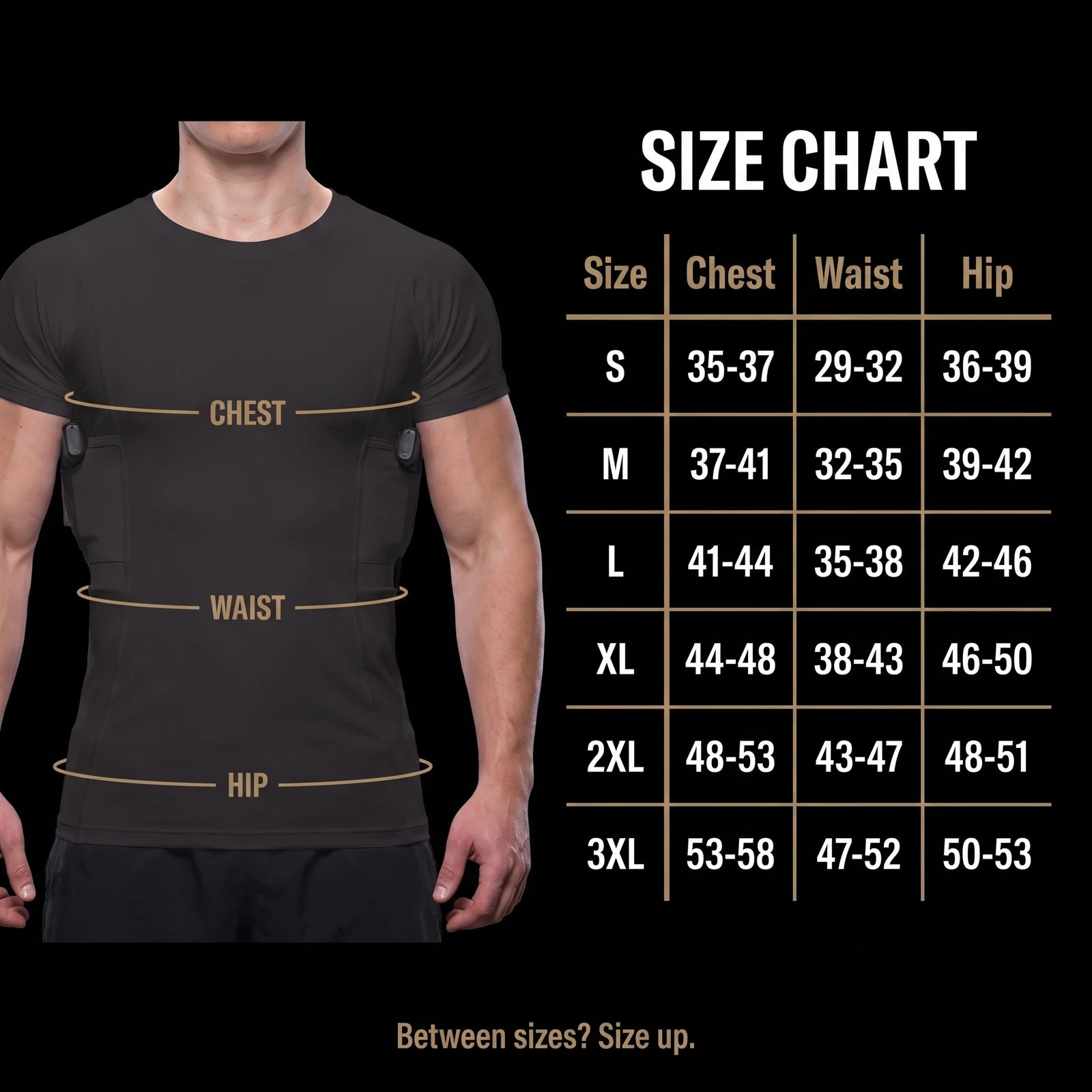 Phantom Tee size chart with body measurements S to 3XL
