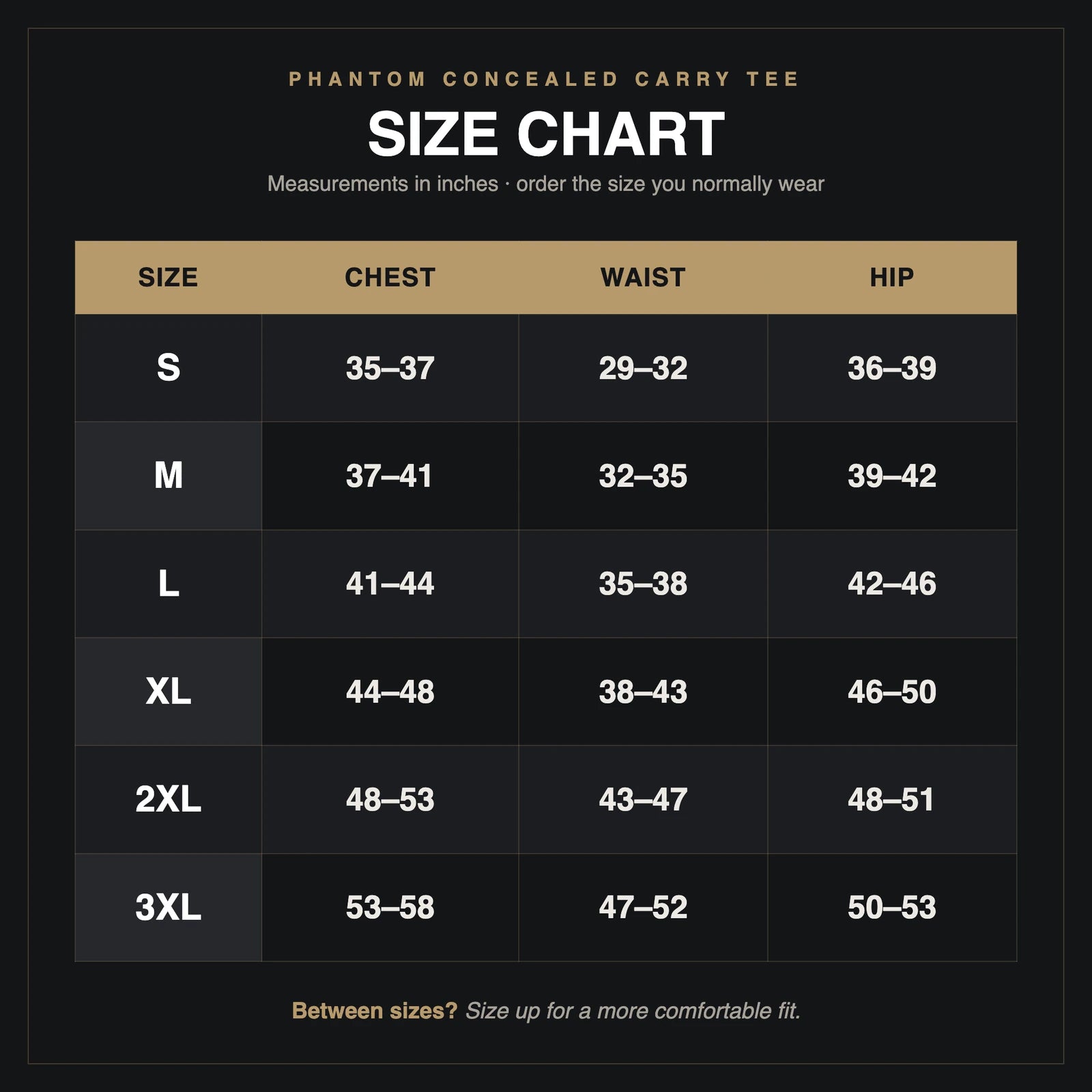 Phantom concealed carry Tee size chart S to 3XL