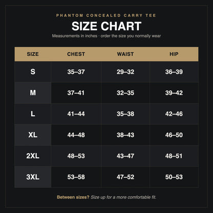 Phantom concealed carry Tee size chart S to 3XL