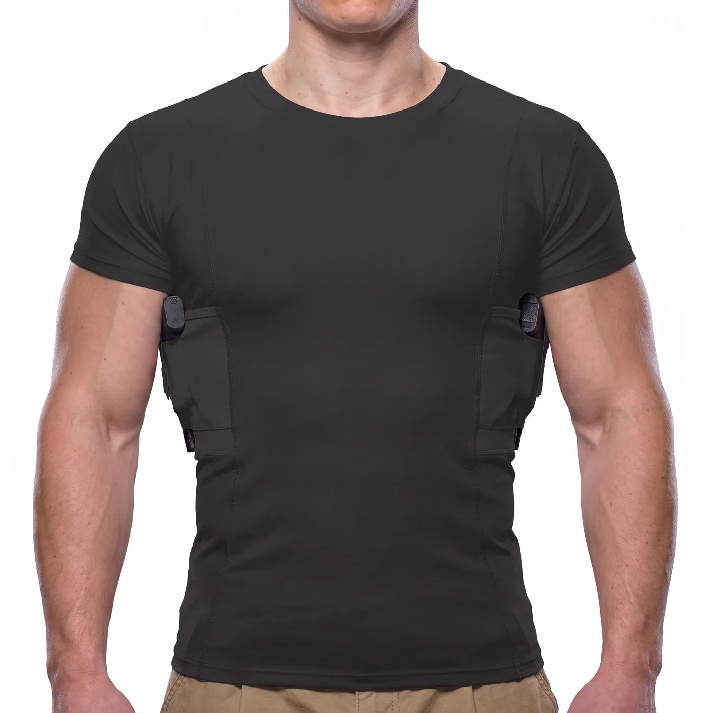 Phantom concealed carry Tee in black, front view on white background