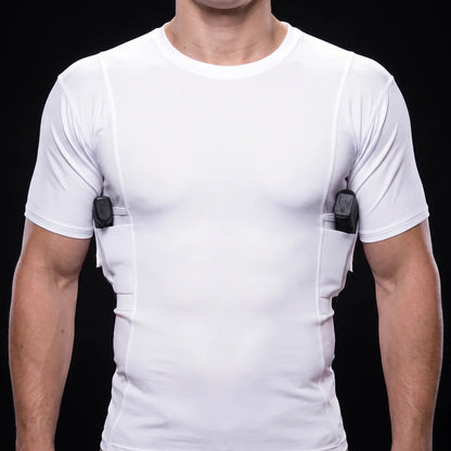 Phantom concealed carry Tee in white, black handgun in both ambidextrous holster pockets, black background