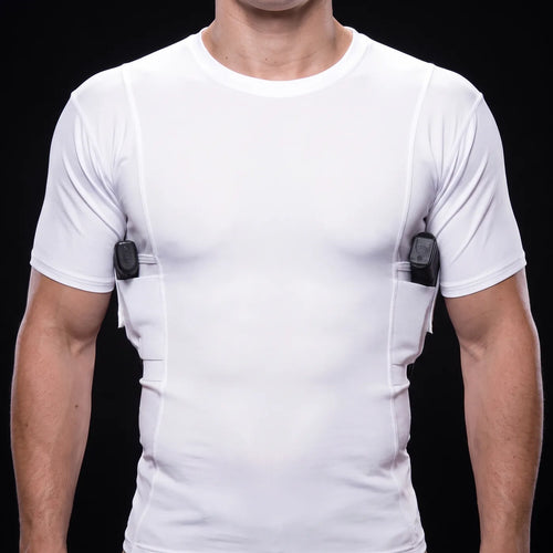 Phantom concealed carry Tee in white, black handgun in both ambidextrous holster pockets, black background