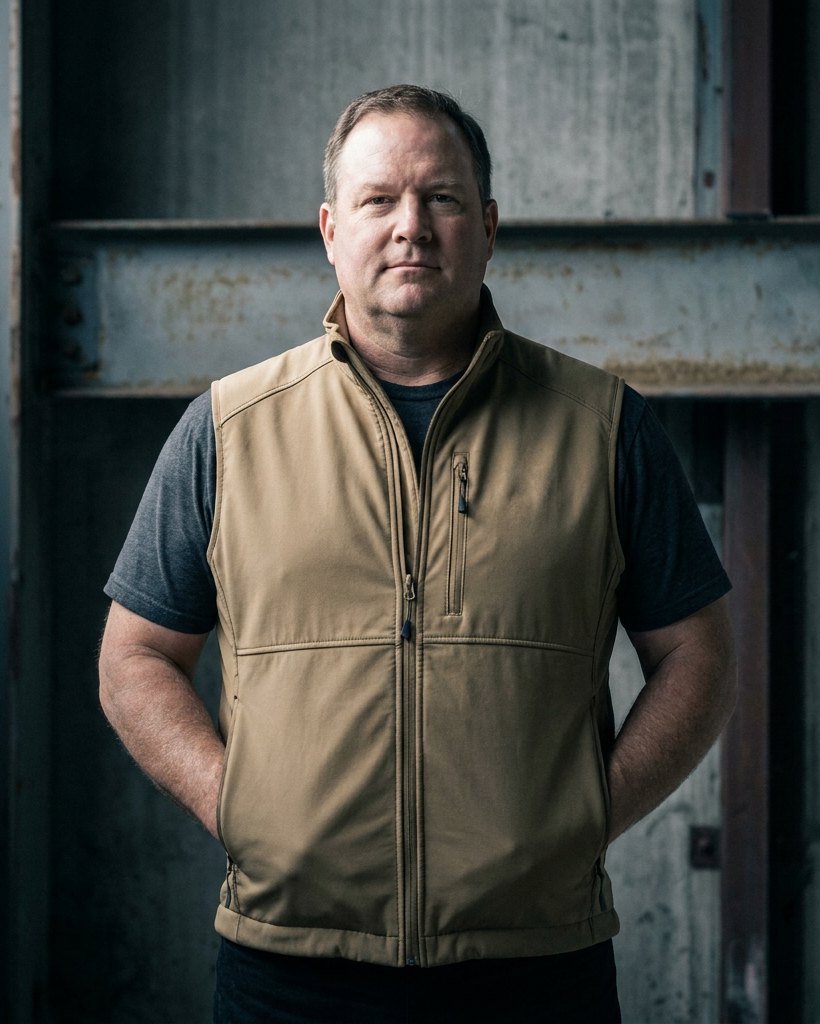 Larger-framed man in a tan zip-front softshell vest over a gray tee, hands in pockets, rusted steel beam behind