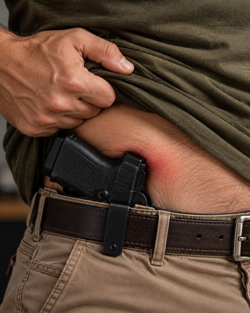 Close view of a hand lifting an olive tee to show a belt-clip holstered pistol, skin beside the holster reddened.